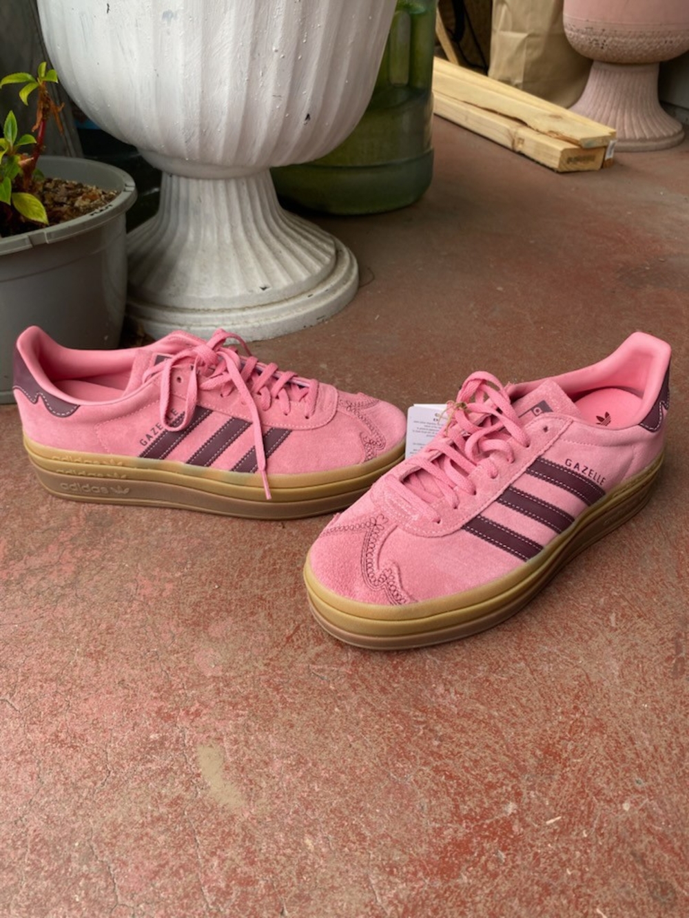 adidas Gazelle Platform Sneakers in Pink with Brown Stripes and Gum Sole